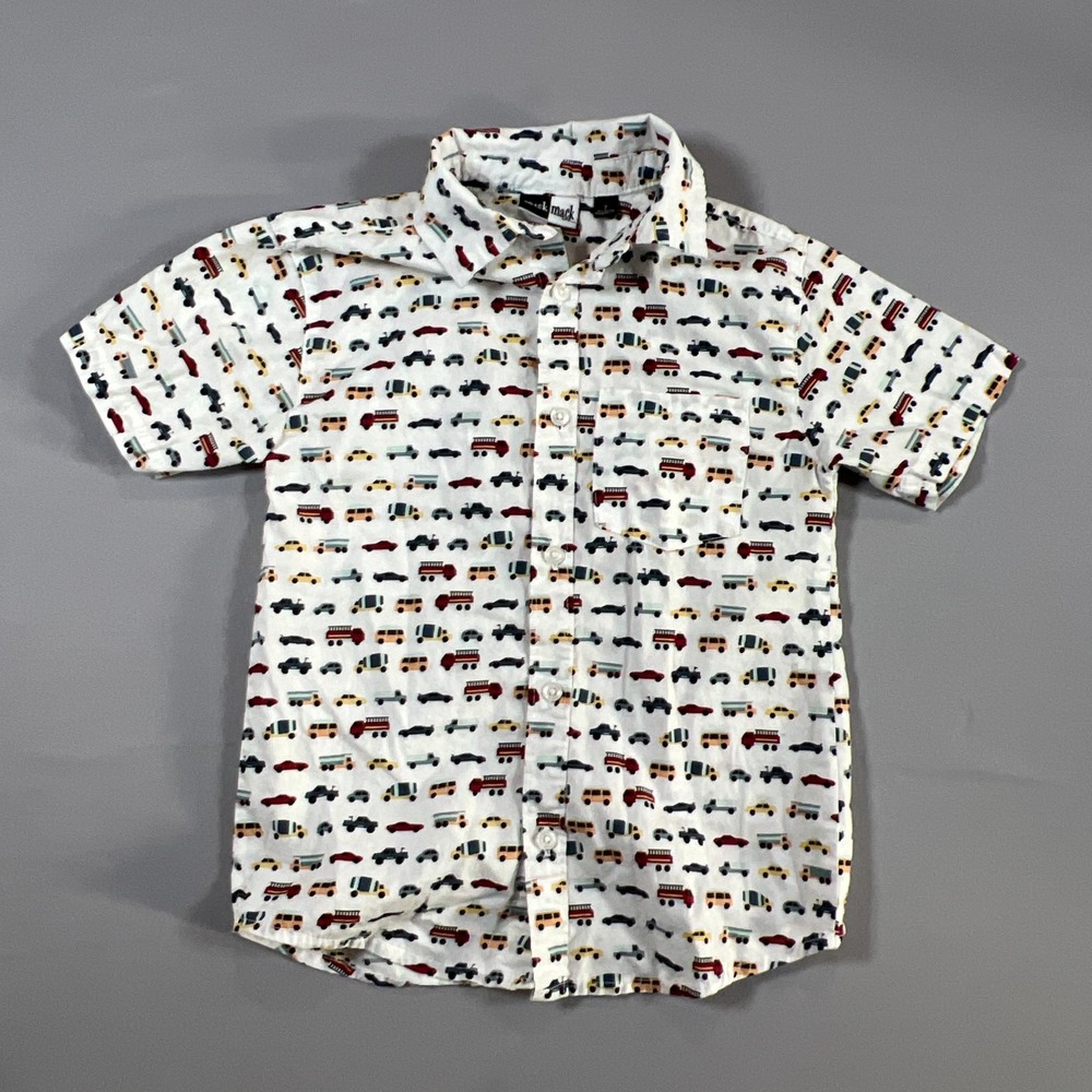 Mick Mack Button Up Shirt Kids 7 White Cars Trucks All Over Print Short Sleeve